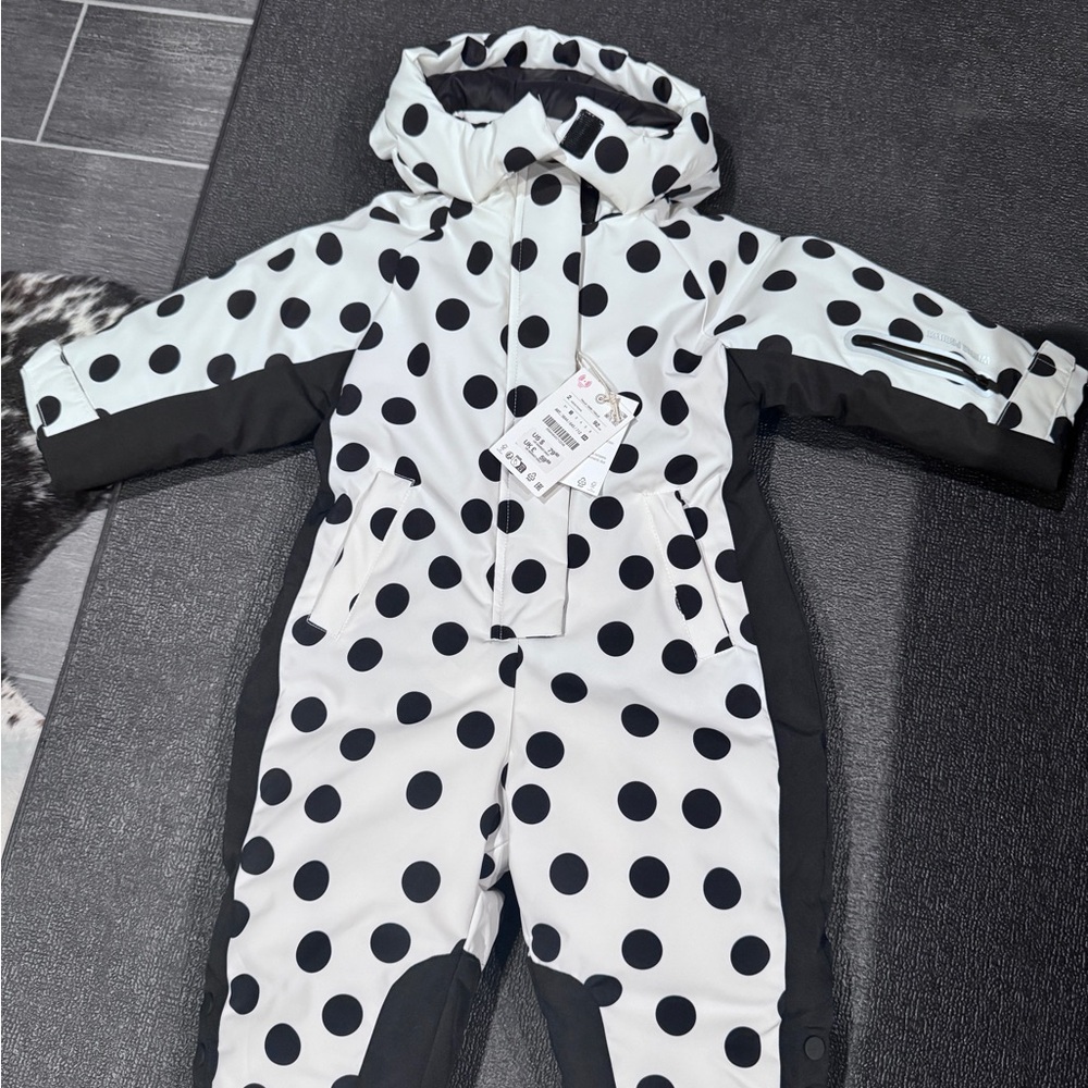 Zara Kids Polka Dot Hooded Winter Project One-Piece Snowsuit - Black & White 5T